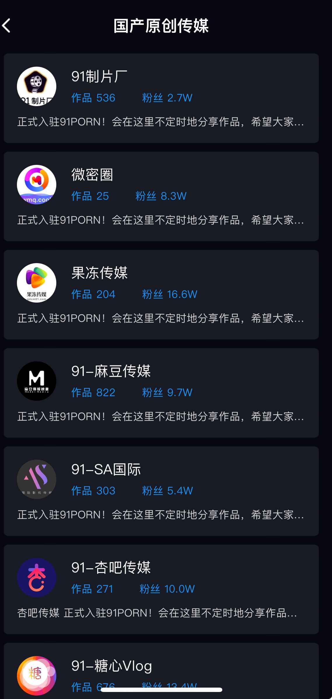 91PORNAPP传媒列表界面